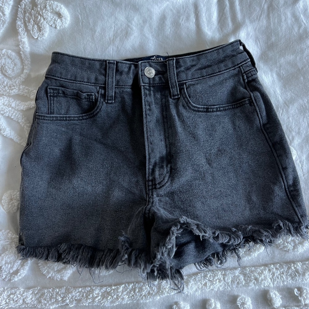 Hollister Ultra High Rise Ripped Faded Black Mom Shorts